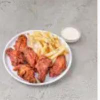 Wings · Served with french fries and blue cheese or ranch dressing.
