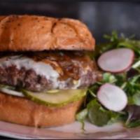 Burger · Kalon farms grass fed beef, house made brioche, American cheese, caramelized onions, B+B pic...