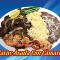 Carne Asada con Camaron/ Steak and Shrimp · Carne Asada con Camaron, Arroz, Frijoles y 2 Tortillas(Grilled steak with shrimp, rice, bean...