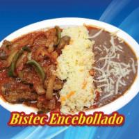 Bistec Encebollado/ Grilled steak and onion · Bistec Encebollado, Arroz, Frijoles y 2 Tortillas(Grilled steak marinated in Sabrositas sauc...