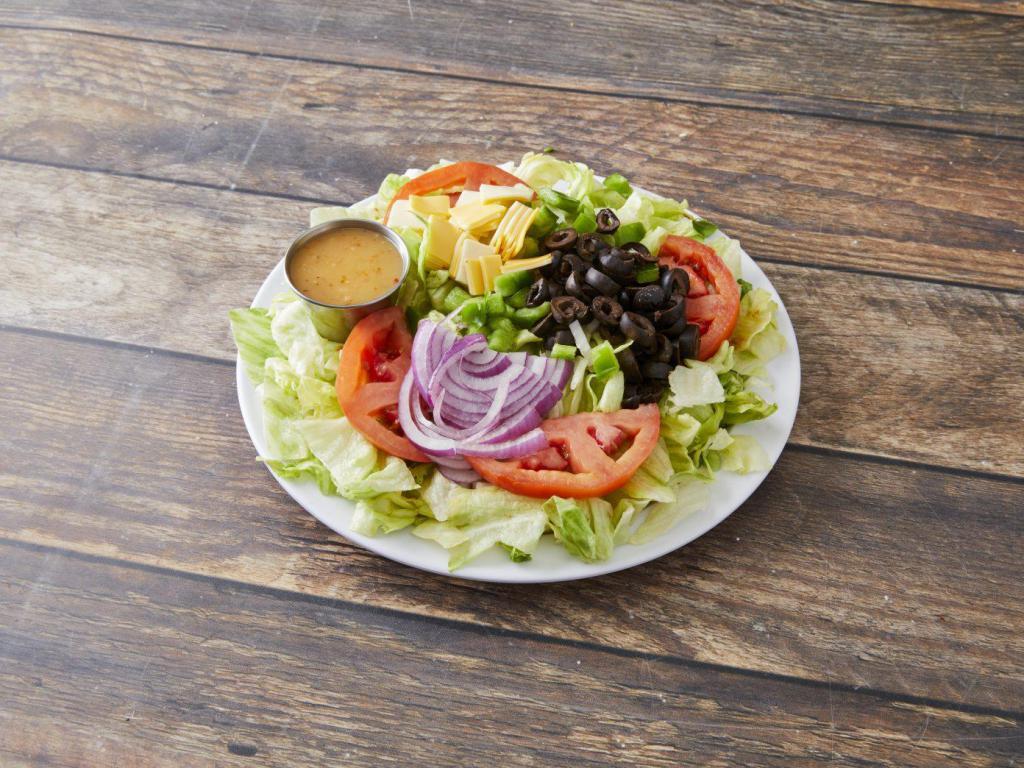 Tossed Salad · Fresh lettuce, tomatoes, onions, green peppers, black olives and cheese.
