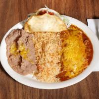 Mexican Plate · 2 cheese enchiladas topped with our homemade beef chili sauce, a flour fried beef taco, rice...