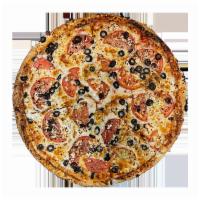 Grecian Pizza · Tomatoes, Feta Cheese, Black Olives and Oregano