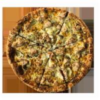 Chicken Pesto Pizza  · Pesto Sauce Base, Grilled Chicken, Artichoke Hearts and Fresh Garlic