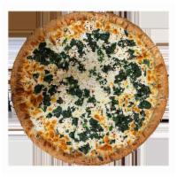 Spanakopita White Pizza · Fresh Spinach, Feta Cheese, Olive Oil and Mozzarella Cheese.