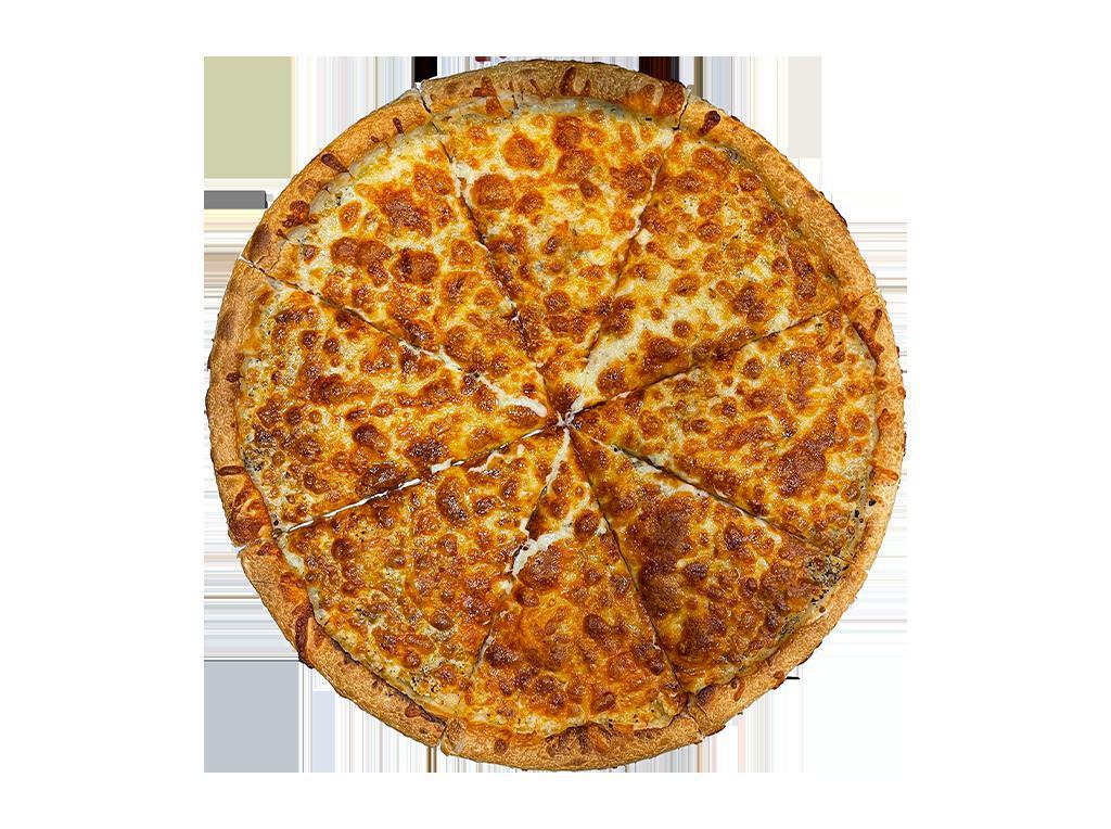 Bianco White Pizza · Garlic and Oil Sauce Base, Basil, Provolone Cheese, Parmesan Cheese, Romano Cheese and Mozzarella Cheese.