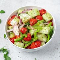 Side Cucumber and Tomato Salad · Tomatoes, cucumbers, red onions, green peppers, and extra virgin olive oil.