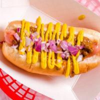 Coney Hotdog · Chili, Mustard, Onions on Steamed Bun