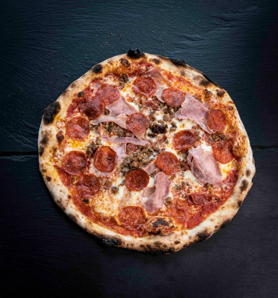 Pizza Meat Lovers · TOMATO SAUCE, MOZZARELLA, PEPPERONI, SAUSAGE, BACON, HAM