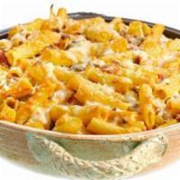 Meaty Ziti · Penne pasta in a meat sauce mixed with seasoned peppers, onions and cheese.