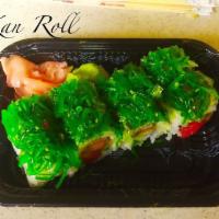 Kan Special Roll · Salmon avocado with tuna and green seaweed on top.