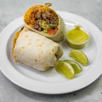 Burritos · Flour tortilla filled with choice of meat, rice beans, lettuce and sour cream.