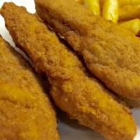 6 Chicken Fingers with Fries · Served with french fries.