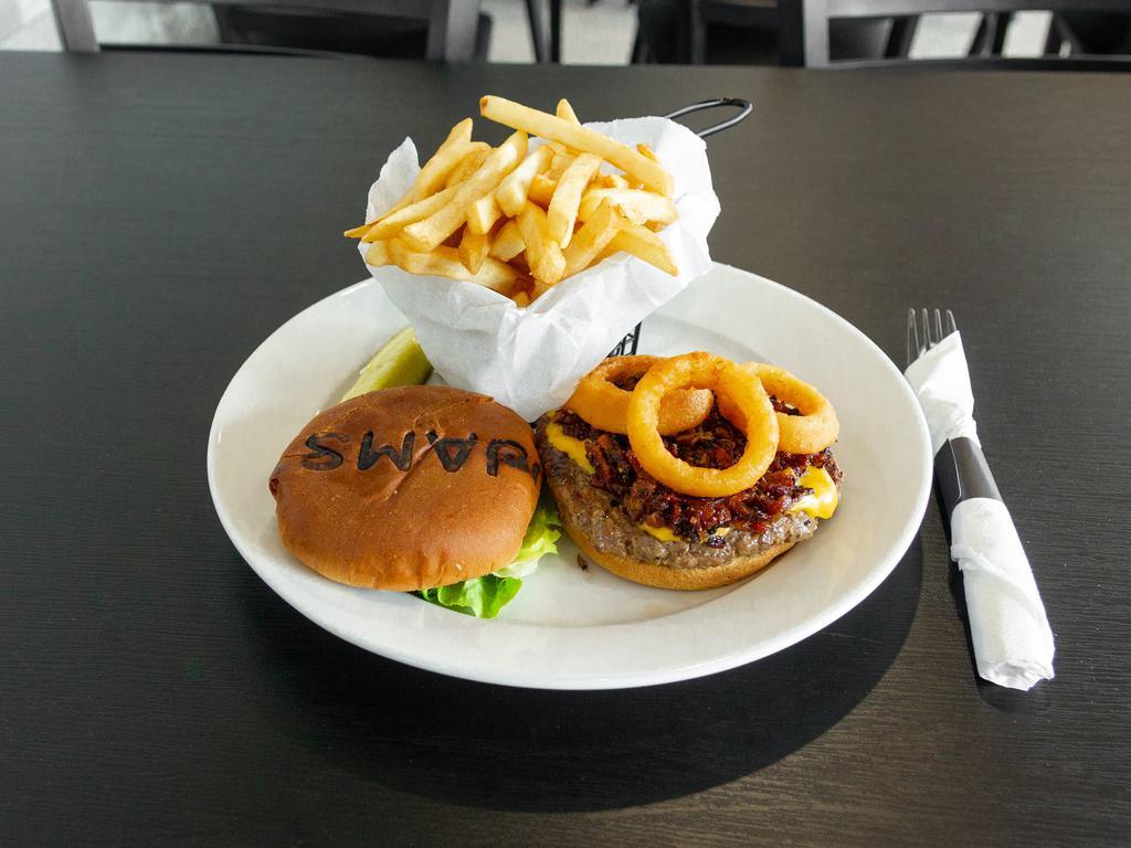 Jams Burger · Topped with bacon jam, cheddar cheese and onion rings, served with lettuce, tomato, and onion on the side.