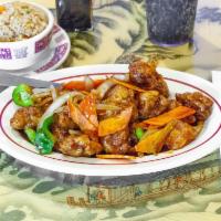 16. General Tso's Chicken · A mouth watering dish made with large chunks of marinated chicken, sauteed with scorched red...