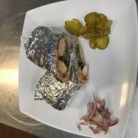 Chicken Kabob Sandwich · Seasoned, juicy grilled chicken kabob wrapped in fresh pita bread with lettuce, garlic paste...