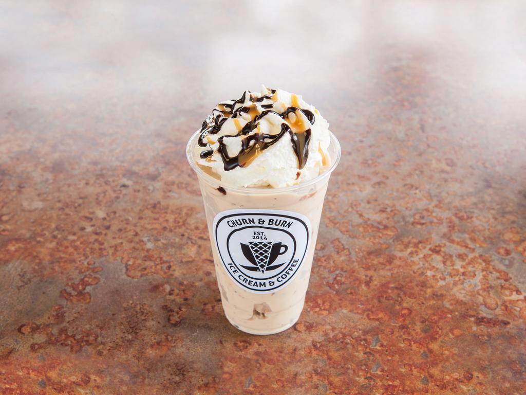 C&B  Snickers Surprise · Vanilla ice cream with espresso, hazelnut syrup, caramel syrup and snickers candy mixed in, whipped cream, caramel and chocolate sauces on top.