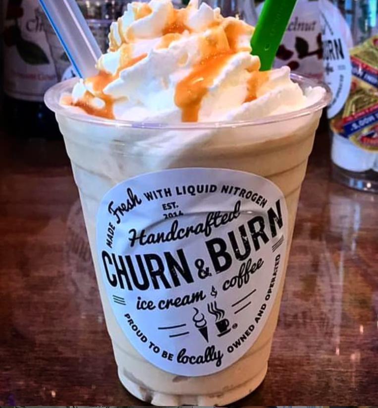 C&B  Salted Caramel · Vanilla ice cream with espresso and salted caramel chunks mixed in, whipped cream and caramel sauce on top.