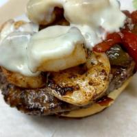 Land and Sea Burger · Blackened shrimp with onion, sweet peppers, and provolone cheese.