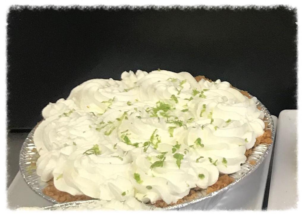 Mini Key Lime Pie · 5-inch pie with luscious key lime filling, graham cracker crust, topped with fresh whipped cream.