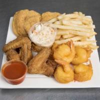  2 Pieces Fish, 3 Whole Wings and 5 Pieces Large Shrimp · Served with small fries and small Kool-Aid.