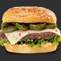 Spanish Beef (Caliente Style)  · 1/3 lb. patty, habanero aioli, grilled jalapeno, leaf lettuce, and pepper jack cheese.