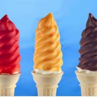 Dip Cone Ice Cream · Dip coating choices: cherry, blue raspberry, birthday cake, peanut butter, butterscotch, cho...