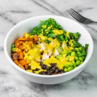 Curry Quinoa Bowl · Roasted chicken breast, red quinoa, roasted sweet potato, kale, beluga lentils, edamame, car...
