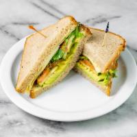 Super Veggie Sandwich · Avocado, cucumber, jack cheese, arugula, tomato, roasted pepper sauce, veggie cream cheese o...