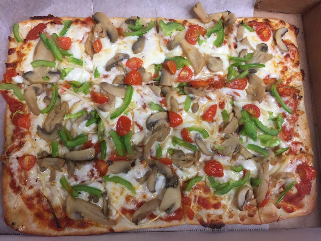 Veggie Pizza · Tomato, green pepper, mushroom, onion & black olive.