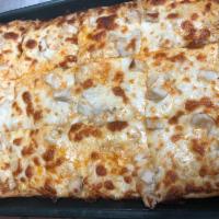 Buffalo Chicken Pizza · Hot blue cheese sauce in place of red sauce, chicken tossed in hot sauce and blue cheese cru...