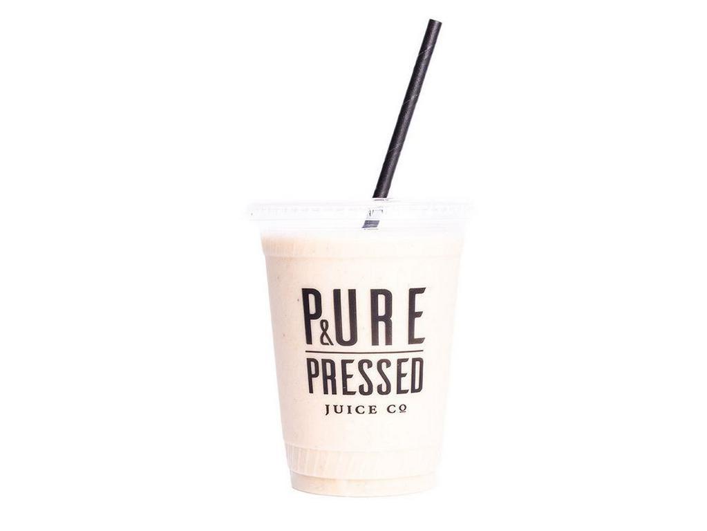 Protein Press Smoothie · Banana, rolled oat, vanilla protein, peanut butter, and Himalayan pink salt.