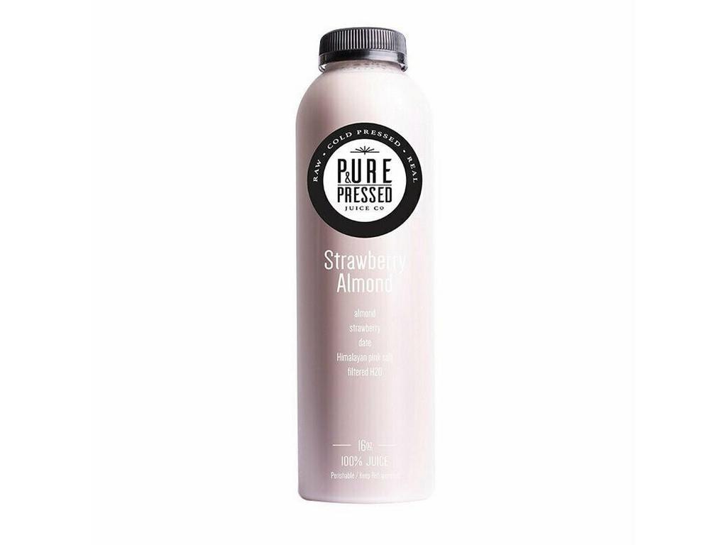 Strawberry Almond Mylk · Almond, strawberry, date, Himalayan pink salt, and filtered H2O.