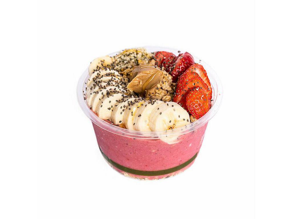 Protein Power Bowl · Vanilla protein, strawberry, and banana blended together and topped with pumpkin seed and flax granola, banana, strawberry, hemp seed, and chia seed.