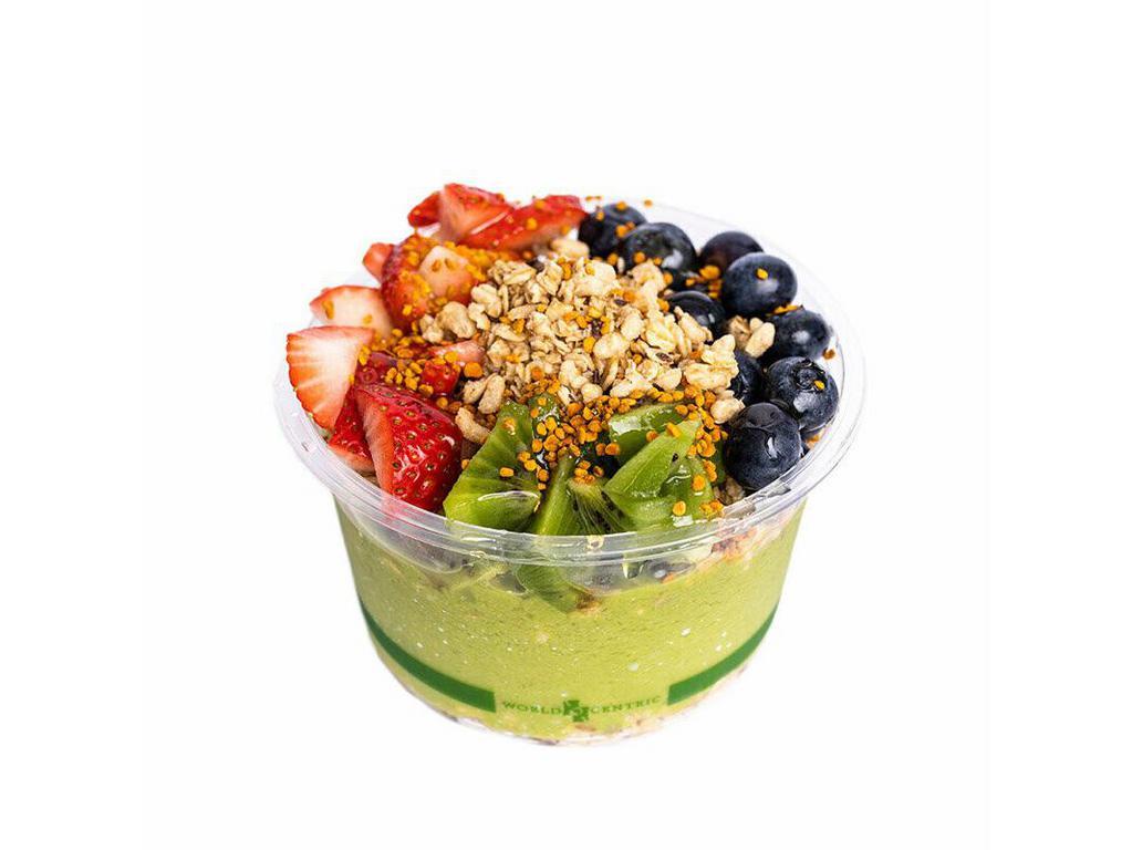 Superfood Bowl · Spinach, kale, avocado, banana, and mango blended together and topped with pumpkin seed and flax granola, strawberry, blueberry, kiwi, bee pollen and honey.