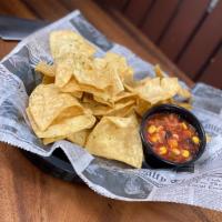 Chips and  Salsa · Crisp homemade chips and black bean and corn salsa.
