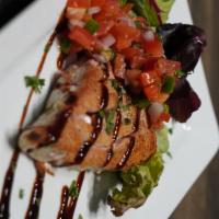 Pan Seared Tuna · Rare ahi tuna drizzled with ponzu sauce, served with pico de gallo on a bed of mixed greens.