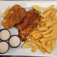 Fish and Chips · Beer battered and crispy fried fresh cod, french fries and homemade tartar sauce.
