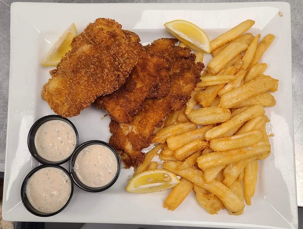 Fish and Chips · Beer battered and crispy fried fresh cod, french fries and homemade tartar sauce.