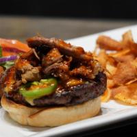 OneThirtyThree Burger · 1/2 lb. Angus beef, pulled pork, fresh sliced jalapenos, red onion, smoked Gouda, sweet chil...