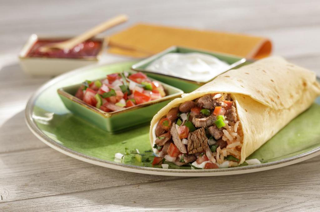 Regular Burrito · Choice of meat, rice, beans, pico de gallo, and sour cream.