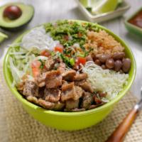 Burrito Bowl · Choice of meat, rice, beans, pico de gallo, lettuce, sour cream, cheese, and guacamole.