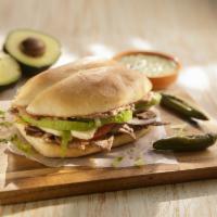 Tortas · Choice of meat, beans, tomatoes, onions, lettuce, avocado, queso fresco, and mayonnaise.