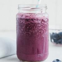 Blueberry Chaga Magic · Blueberries, almond milk, banana, chaga mix, chia seeds, cacao nibs, hemp seeds & ice (super...