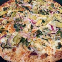 3 Cheese Spinach Artichoke Pizza · Alfredo cheese sauce, mozzarella cheese, shredded Parmesan cheese, fresh spinach, artichokes...