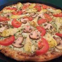 Pesto Supreme Pizza · Mozzarella cheese, pesto sauce, artichoke heart, tomato, mushroom and fresh garlic. Vegetari...