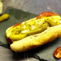 Chicago Style Hot Dog · CELERY SALT, RELISH, MUSTARD, PICKLE SPEAR, SPORT PEPPERS, TOMATOES AND ONIONS.