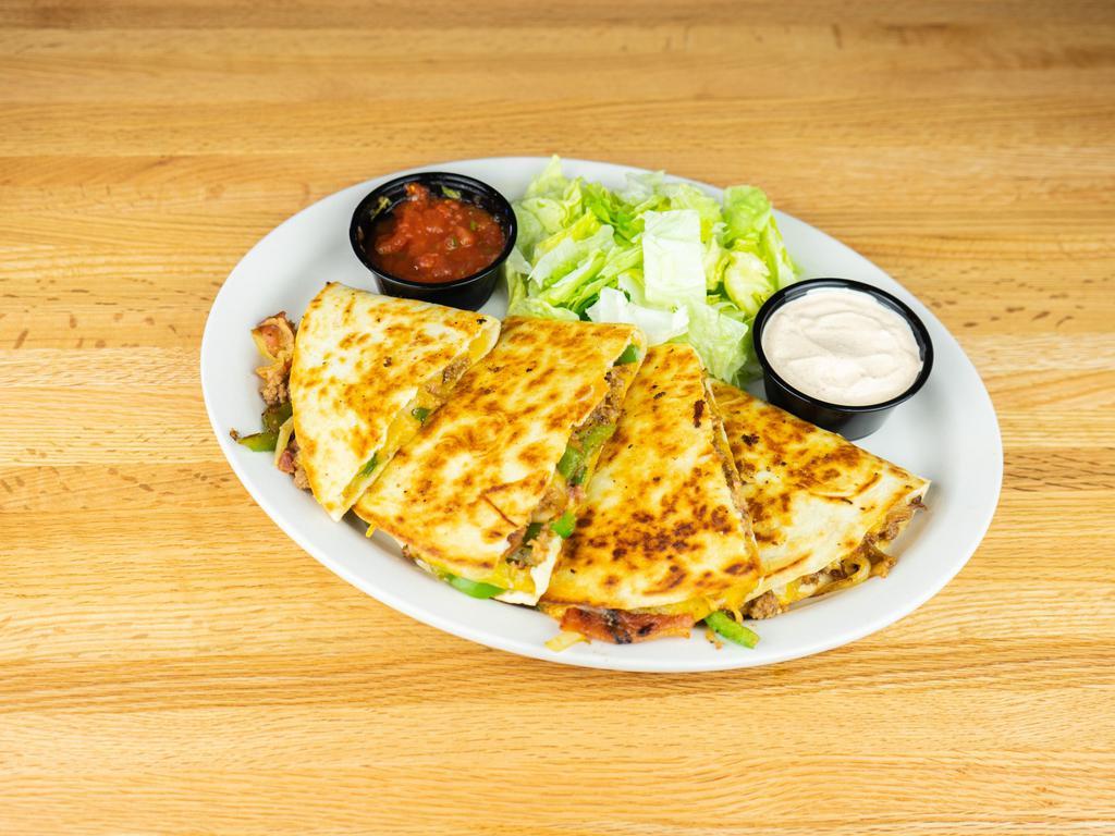 Quesadillas · Taco beef, Jack cheese, bacon, onions, peppers, chipotle, sour cream, salsa and lettuce.