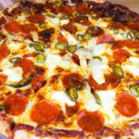 Poppin Pepperoni Pizza · Double pepperoni, cream cheese, jalapenos, red sauce and mozzarella.