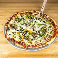 Veggie Supreme Pizza · Red and green peppers, onions, mushrooms, olives and mozzarella.
